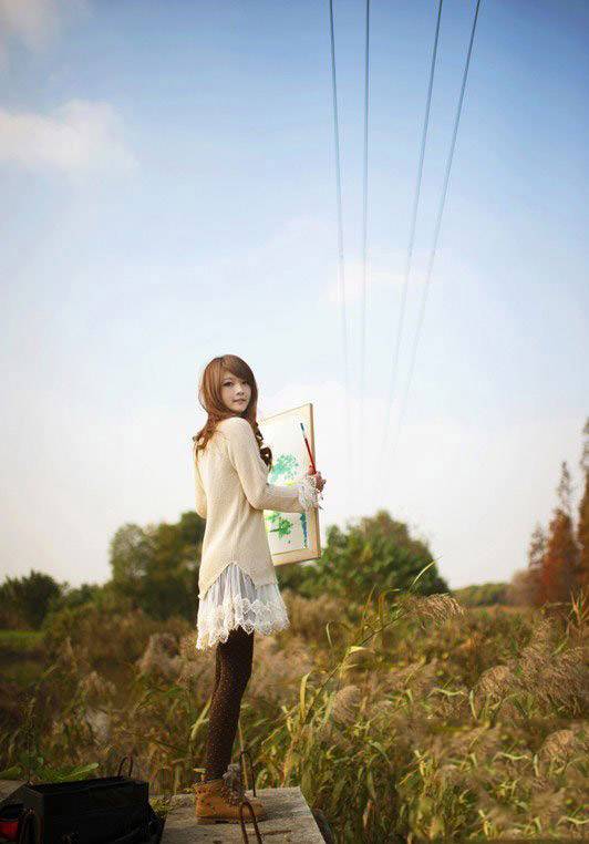 落叶之秋落寞少女林中素描-5