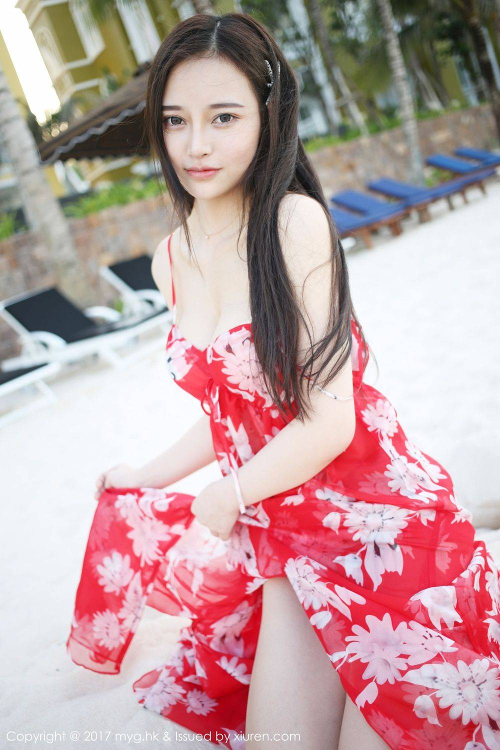 美媛馆唐琪儿(王艳卓)红色连衣裙沙滩清新越南旅拍-33