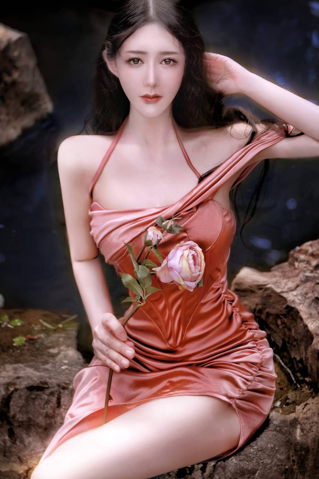 时装模特王黛施Queenly溪边人鱼公主红色魅惑系列写真