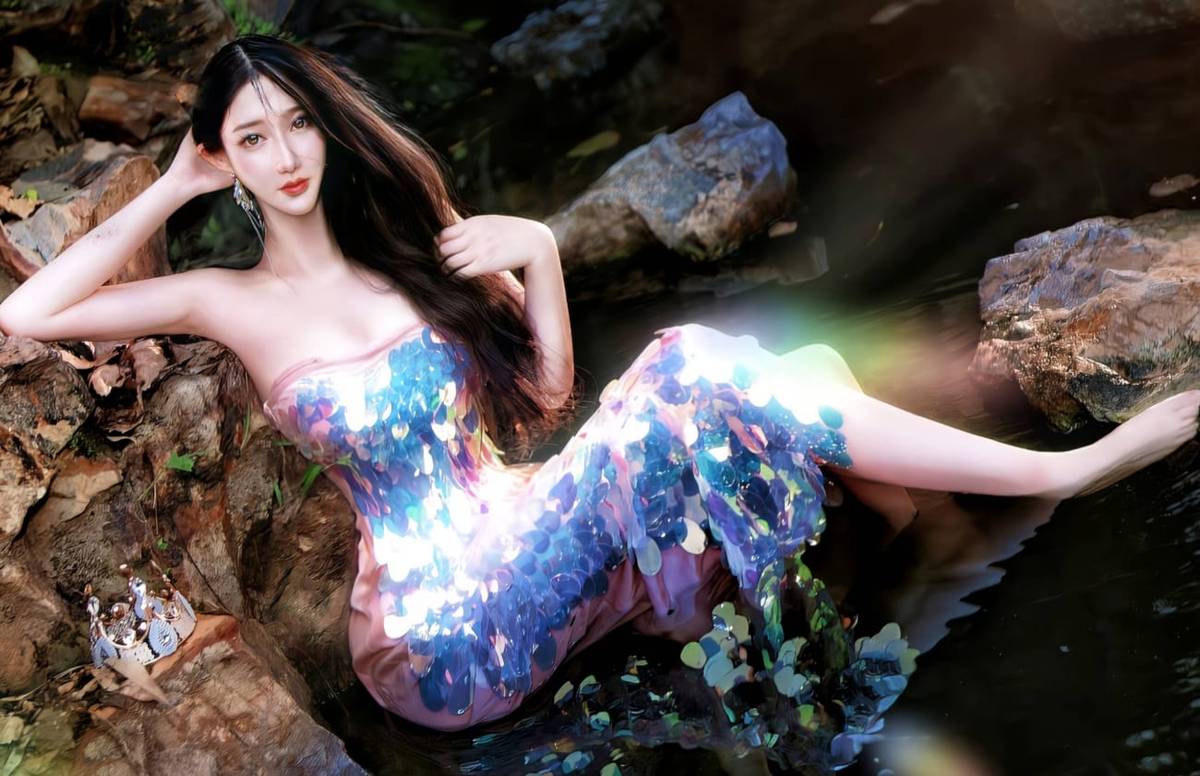 时装模特王黛施Queenly溪边人鱼公主红色魅惑系列写真-11