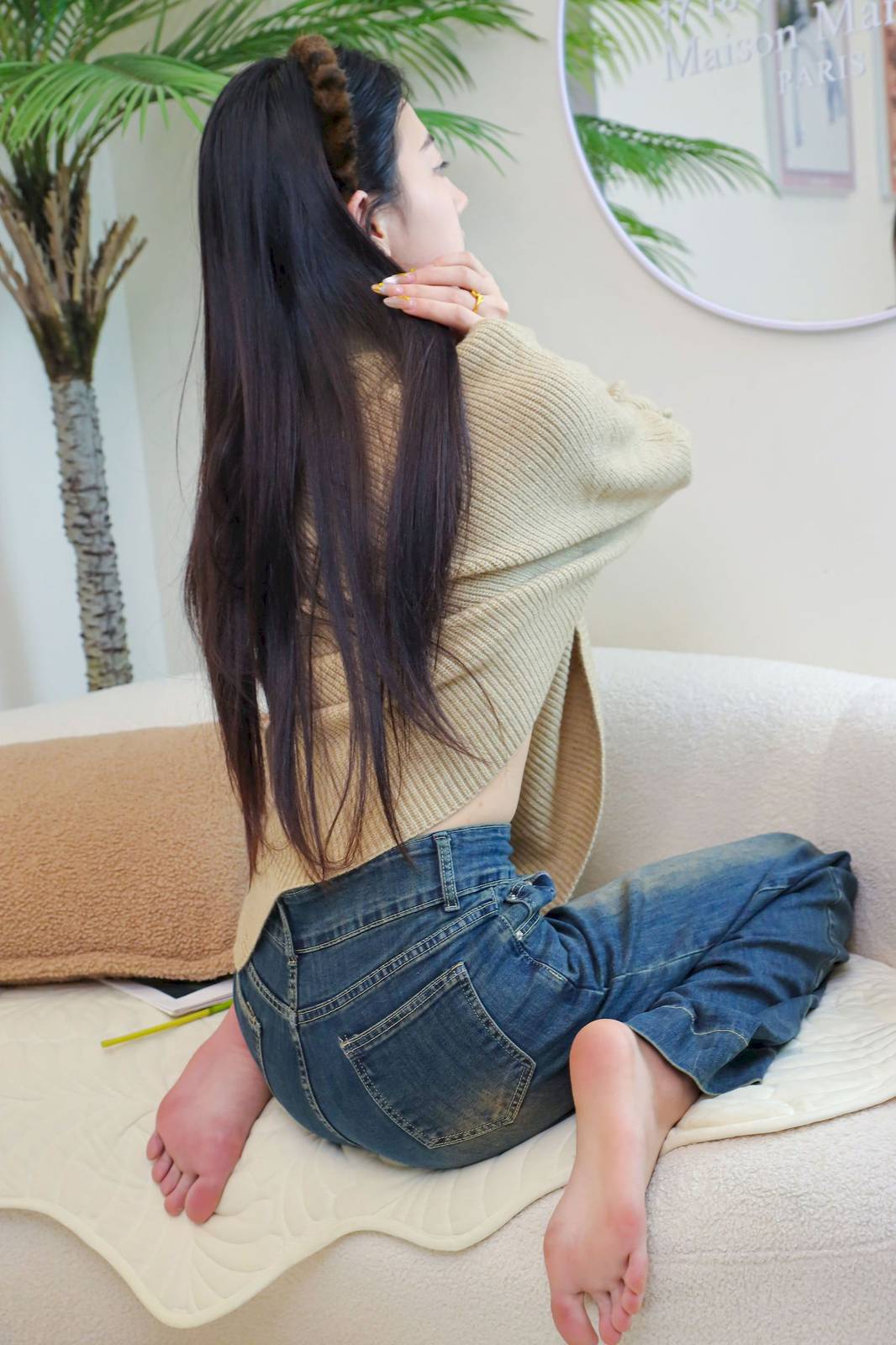 绮梦摄影模特小宇高领毛衣阔腿牛仔裤休闲写真-69