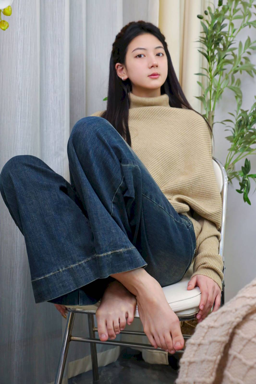 绮梦摄影模特小宇高领毛衣阔腿牛仔裤休闲写真-217