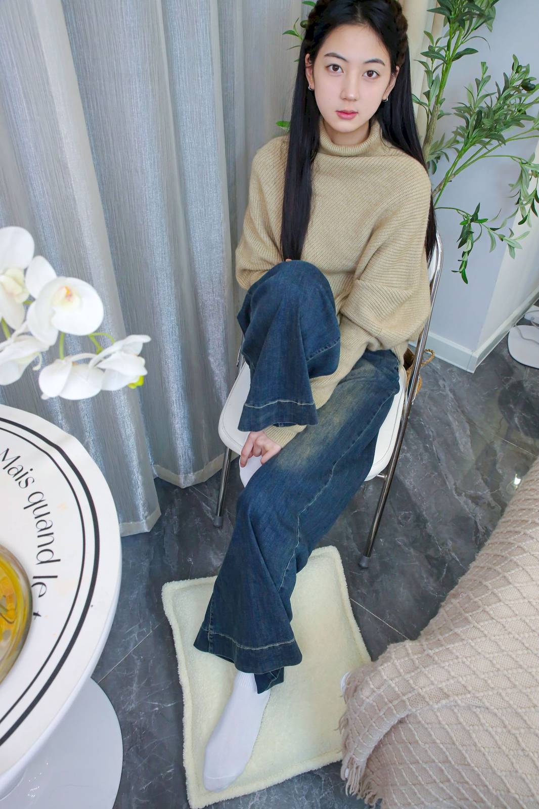 绮梦摄影模特小宇高领毛衣阔腿牛仔裤休闲写真-238