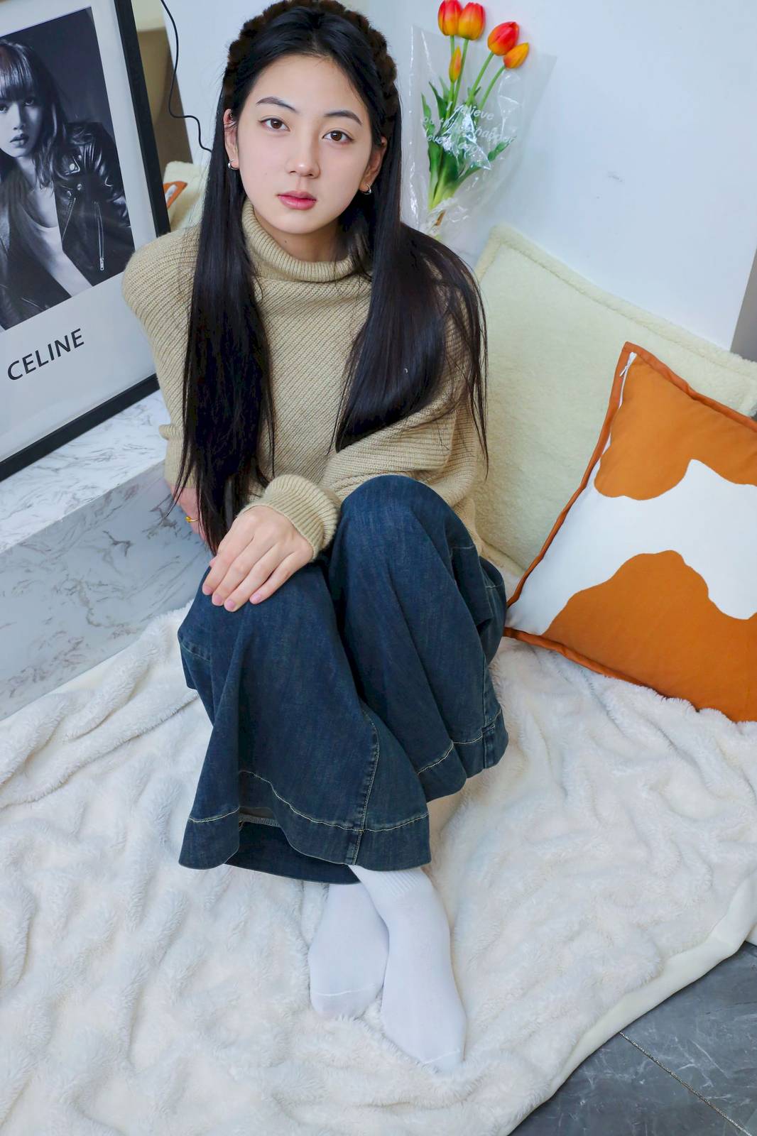 绮梦摄影模特小宇高领毛衣阔腿牛仔裤休闲写真-263