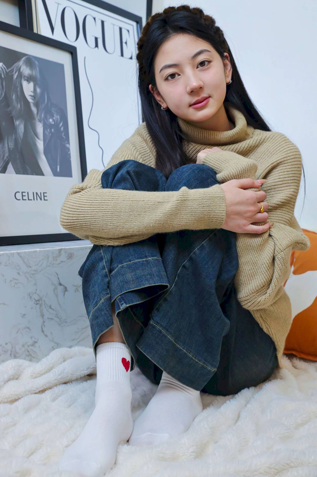 绮梦摄影模特小宇高领毛衣阔腿牛仔裤休闲写真-285