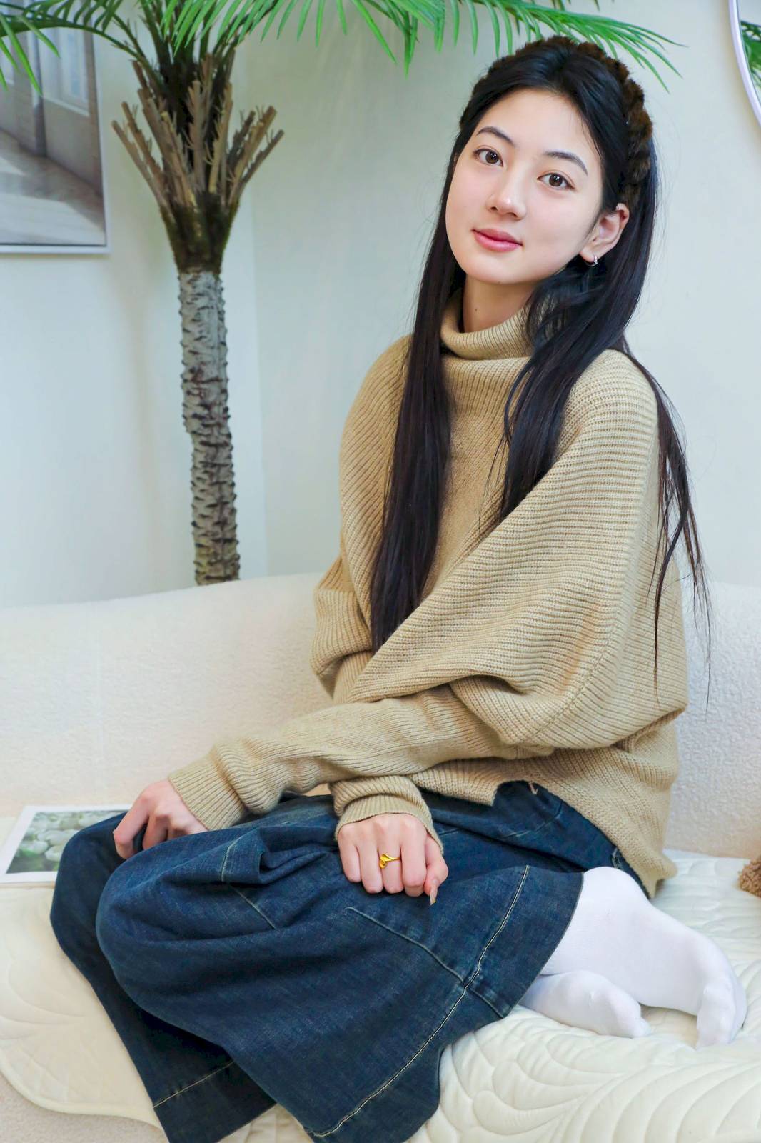 绮梦摄影模特小宇高领毛衣阔腿牛仔裤休闲写真-293