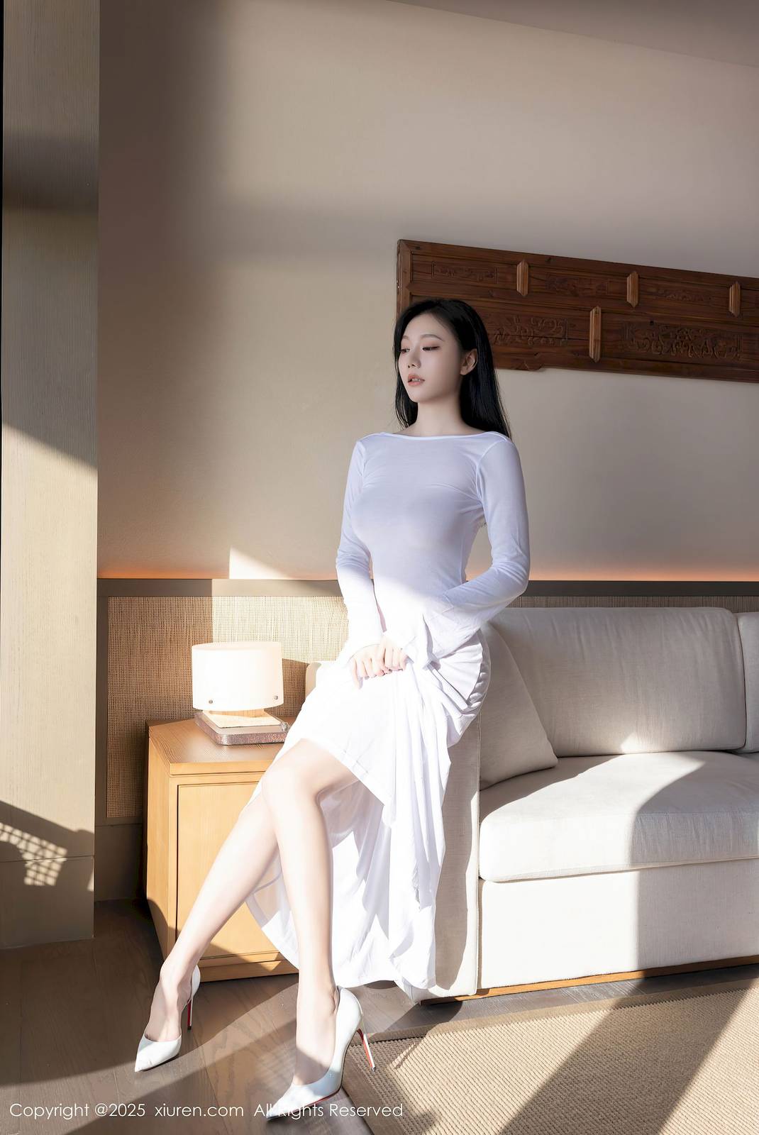 秀人网模特安然anran白色连衣裙肉色丝袜性感写真-24