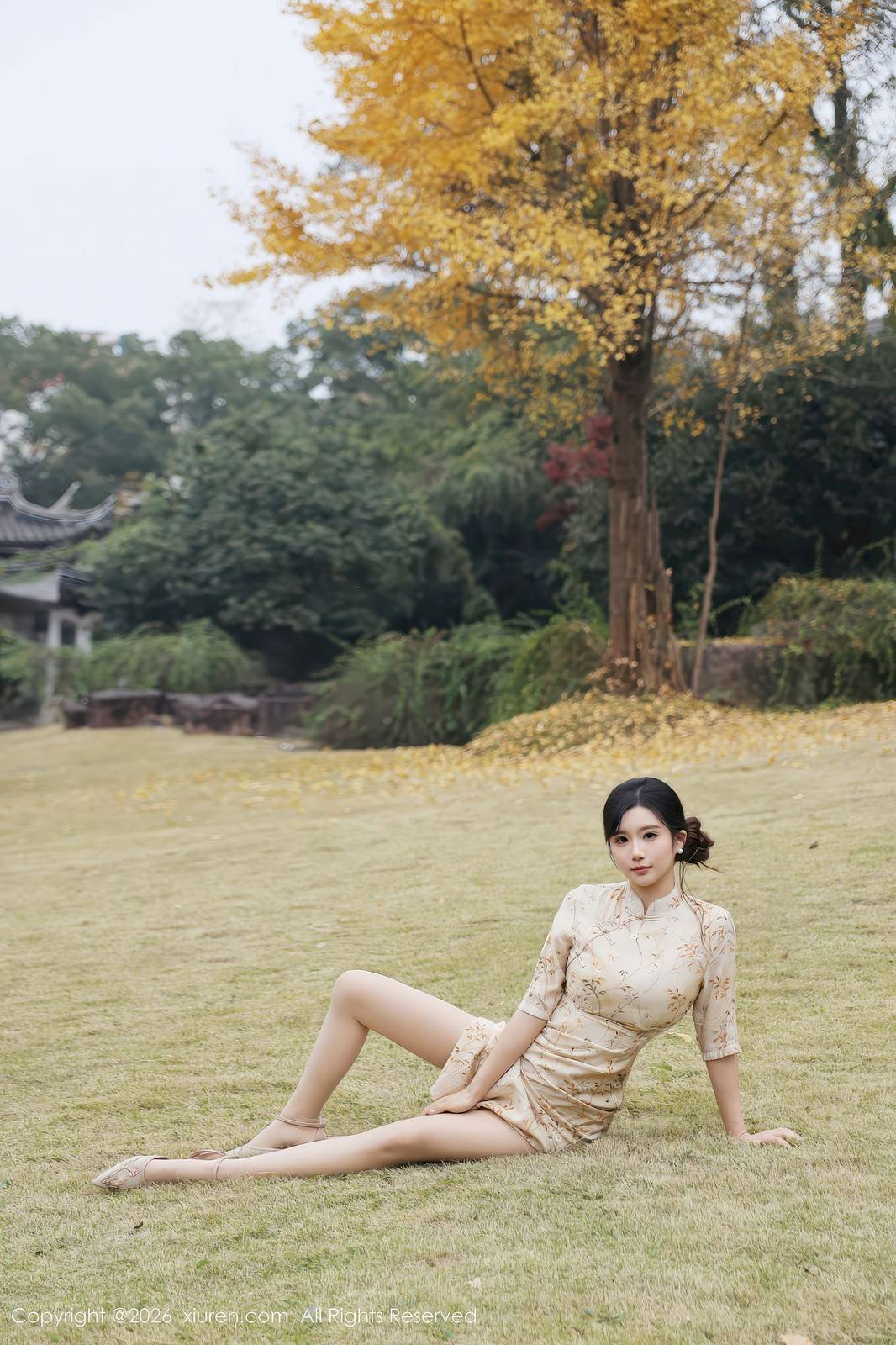 秀人网模特小肉肉咪浅黄旗袍凹凸身材性感写真-8