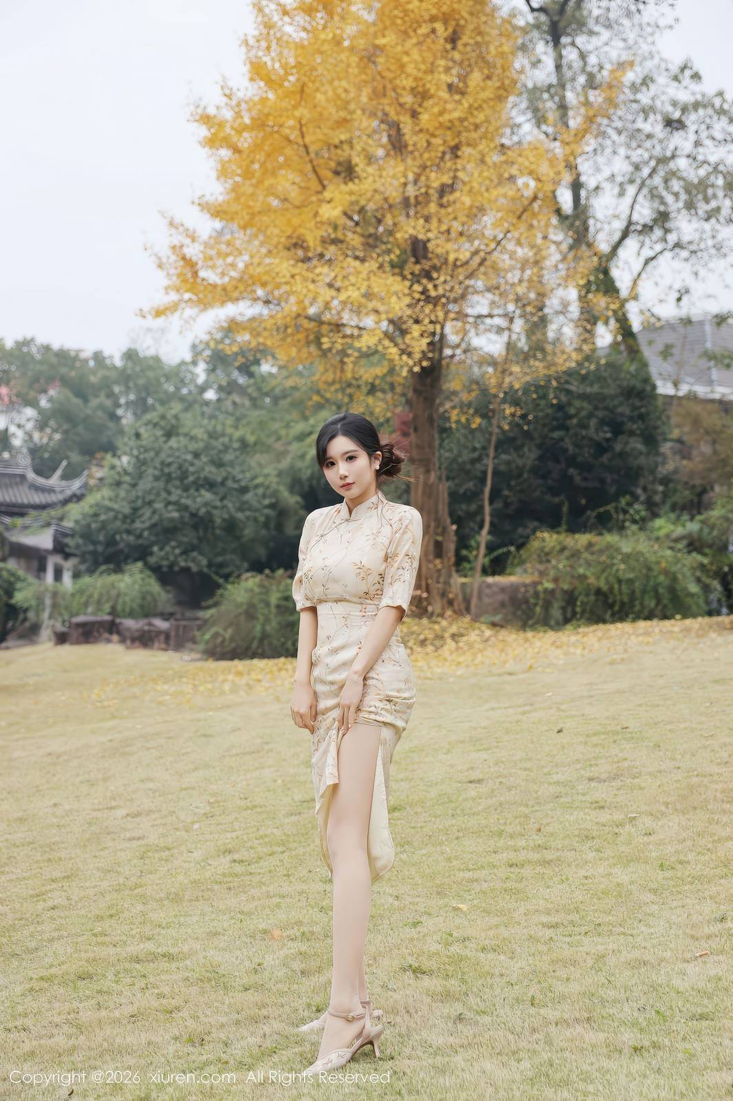 秀人网模特小肉肉咪浅黄旗袍凹凸身材性感写真-3